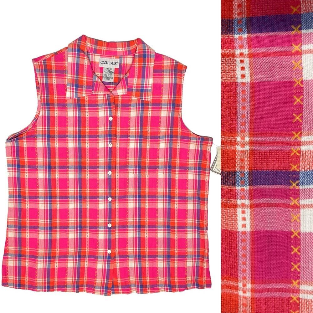 NEW! Vintage 90s Cabin Creek Pink Blue Plaid Sleeveless Button Tank Top 18W